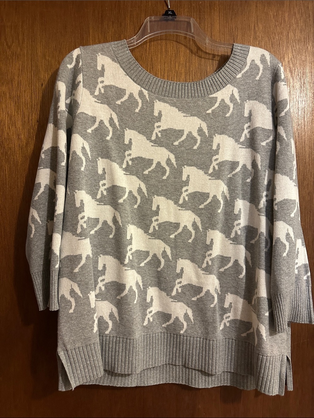 LOFT Gray and White Horse-Pattern Scoop Neck Sweater
